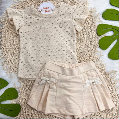 Conj. Blusa lese Amendoa e Shorts Saia com laço